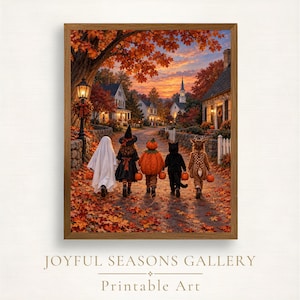 Pode incluir: Uma impressão de arte emoldurada intitulada JOYFUL SEASONS GALLERY Printable Art, retratando cinco crianças com fantasias de Halloween caminhando por um caminho coberto de folhas ao pôr do sol em direção a uma cidade com casas e igreja.