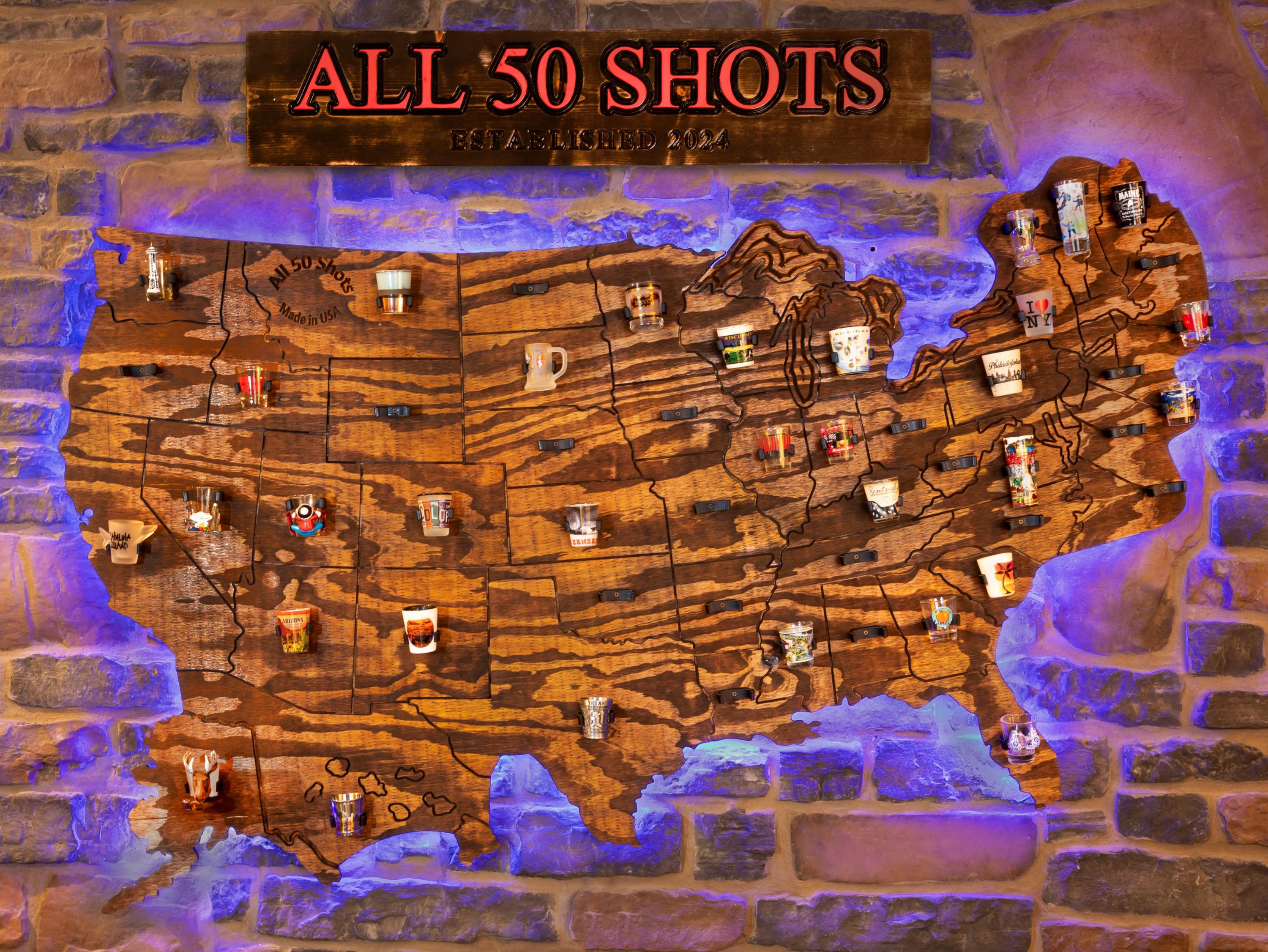 JUNJ Large World Map 76 Slots Shot Glass Display Case - Wall Mount Storage For Living Room, Custom Color Options Available - View #11