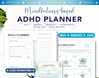 ADHD Planner Printable | Undated 2024 2025 Calendar Monday & Sunday Start for adults Journal To Do Goal Setting Worksheet Calm Life Workbook