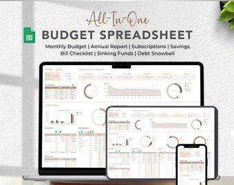 May include: A digital budget spreadsheet displayed on a laptop, tablet, and smartphone. The spreadsheet includes sections for monthly budgets, annual reports, and savings. The text reads "All-In-One BUDGET SPREADSHEET".