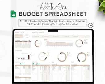 Puede incluir: Una computadora portátil muestra una hoja de cálculo de presupuesto con el texto "All-In-One BUDGET SPREADSHEET". La pantalla muestra el presupuesto mensual, el informe anual y otras categorías financieras. El diseño es limpio con gráficos y tablas.