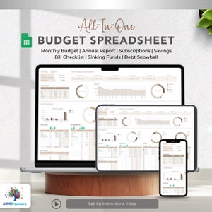 May include: A digital budget spreadsheet displayed on a laptop, tablet, and smartphone. The spreadsheet includes sections for monthly budgets, annual reports, and savings. The text reads "All-In-One BUDGET SPREADSHEET".