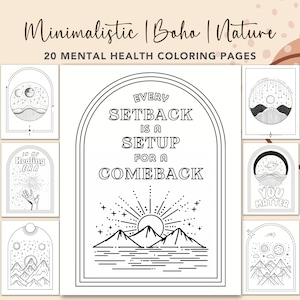 Malbuch Boho Natur Malblatt für psychische Gesundheit, minimalistische Landschaftsseite für sie, positive Affirmationen, Angstlinderung, ADHS, Geschenk, einfach