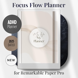 May include: A digital planner for the Remarkable Paper Pro tablet. The planner is white with a beige background and features the text "My Life My Planner". The planner is labeled as an ADHD planner and is dated for 2025. The planner is also labeled as "New".