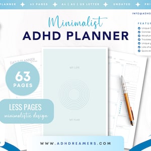 Best minimalistic ADHD planner – Blue PRINTABLE undated daily life planner for adults with ADHD | Journal | To Do List | Goal Setting