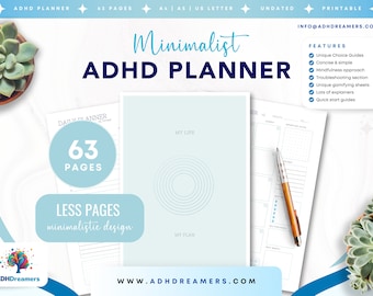 Best minimalistic ADHD planner – Blue PRINTABLE undated daily life planner for adults with ADHD | Journal | To Do List | Goal Setting