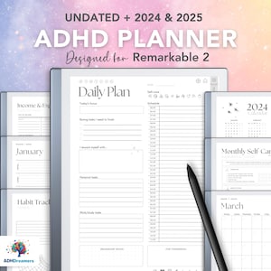 May include: A digital planner designed for the Remarkable 2 tablet. The planner includes a daily plan, a monthly calendar, and a self-care section. The planner is undated and includes pages for 2024 and 2025.