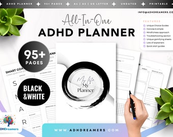 Best ADHD planner – Black & White PRINTABLE Monochrome undated daily life planner for adults with ADHD | Journal | To Do List | Goal Setting