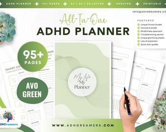 Könnte beinhalten: Ein grüner und weißer druckbarer ADHD-Planer mit über 95 Seiten. Der Planer hat ein minimalistisches Design mit dem Text "My Life My Planner" und "AVO GREEN".