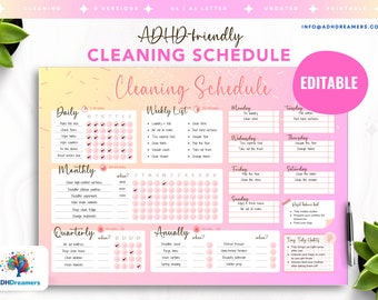 May include: A pink and yellow printable cleaning schedule with a checklist for daily, weekly, monthly, quarterly, and annual tasks. The schedule includes a section for tiny tidy habits and a section for "when?" to track the frequency of tasks.