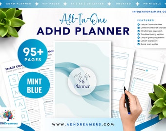 Best ADHD planner - Mint Blue PRINTABLE undated daily life planner for adults with ADHD | Journal | To Do List | Goal Setting