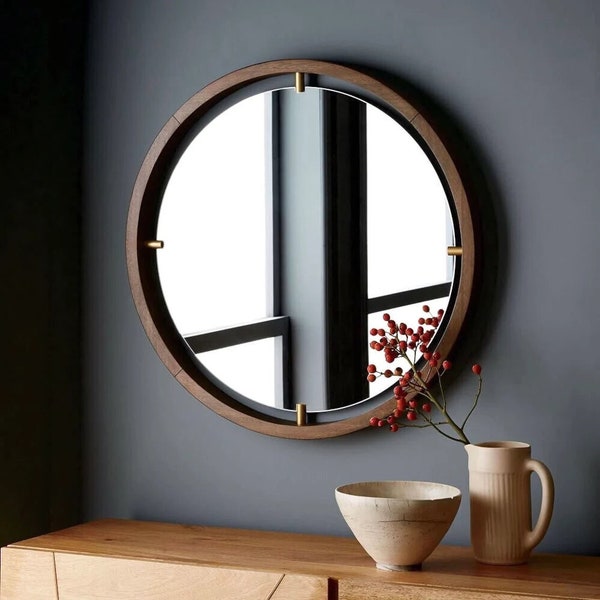 Wood Round Mirror Mirror Wall Decor Makeup Mirror Wall Mirror Country House Decor