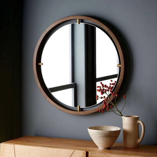 Miroir rond en bois, décoration murale, miroir de maquillage, décoration de maison de campagne