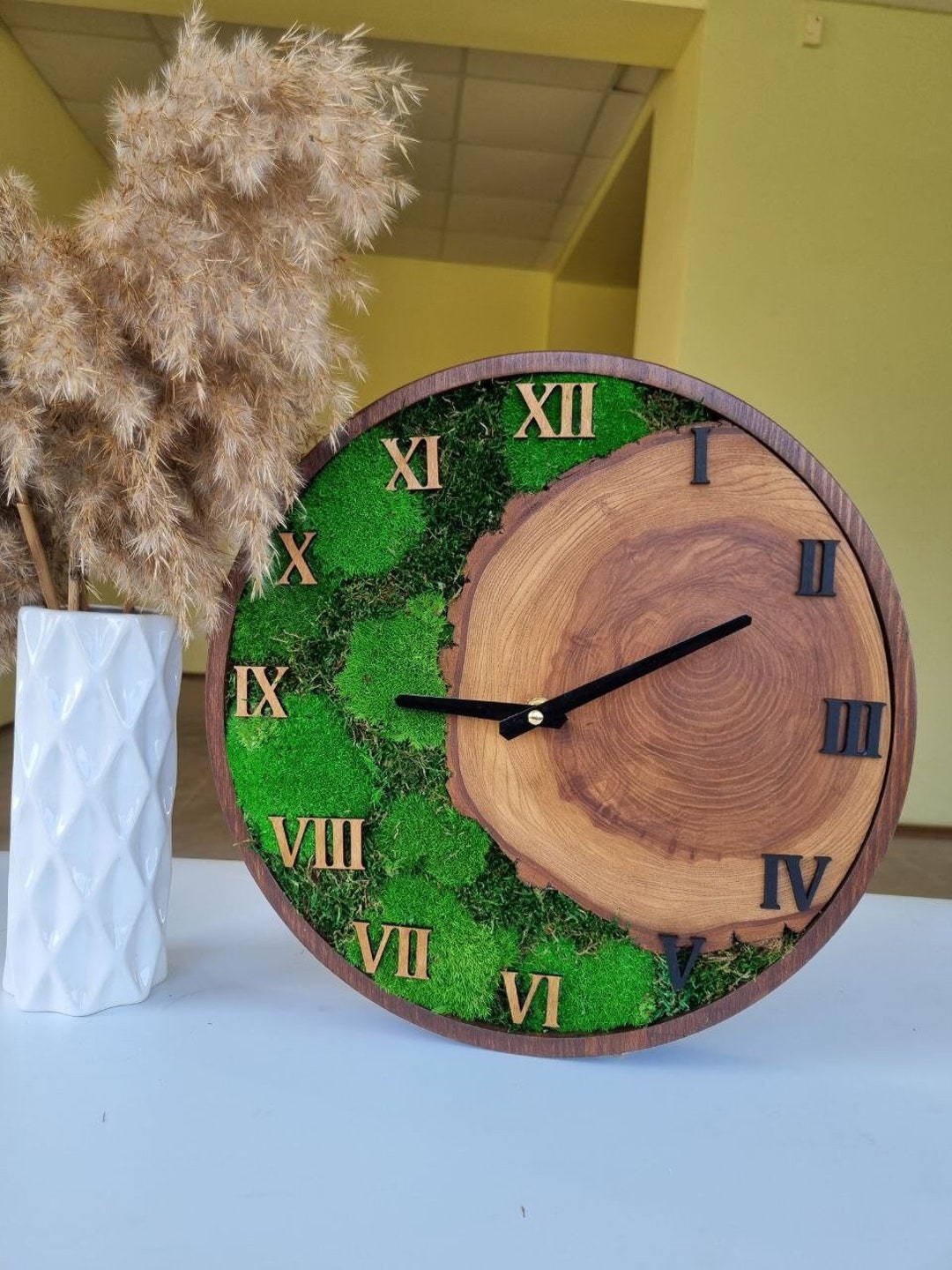 Wooden Wall Clock With Moss, Scandinavian Green Moss Home Decor, Wood ...