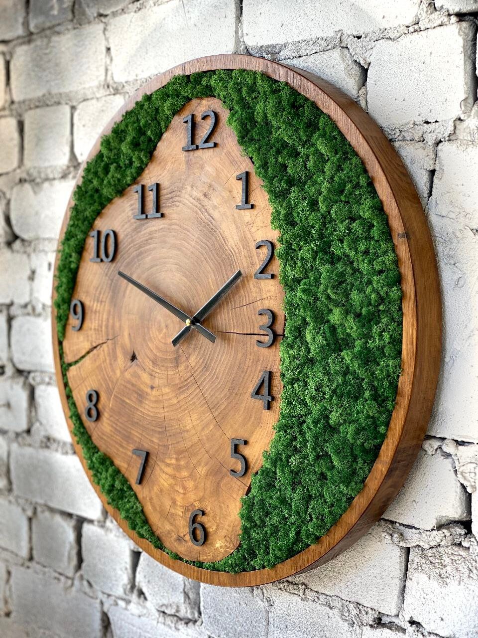 Wooden Wall Clock With Moss, Scandinavian Green Moss Home Decor, Wood ...