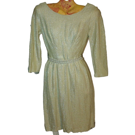 Vintage Dress 1950s Handmaid Gold Lurex Shimmer P… - image 1