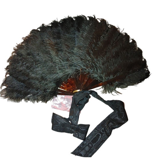 Large Victorian Black Ostrich Feather Fan Tortoise