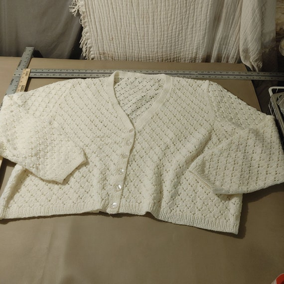 White Knit Cardigan 30x25 Homemade Button Soft Wo… - image 2