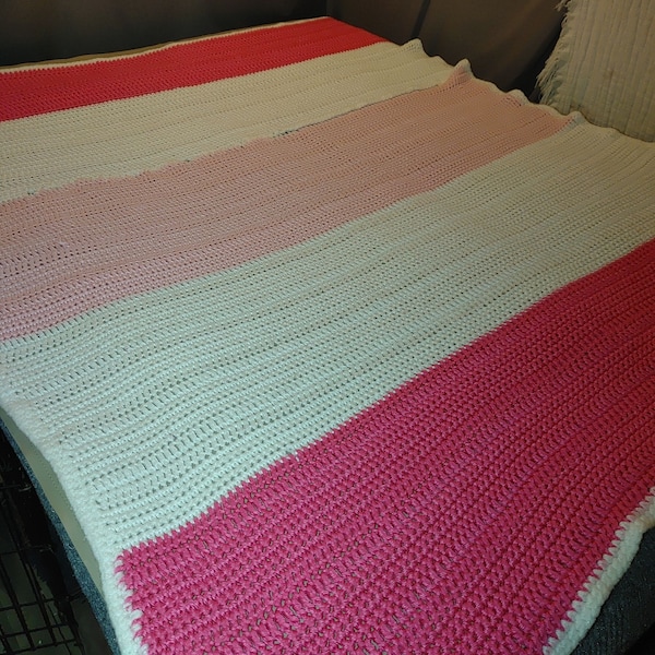 Hand Crocheted Afghan Pink Hot Pink White Single 100 by 84 Granny Cottage Core Repair