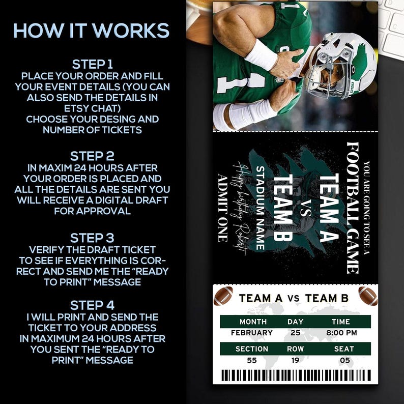 Puede incluir: Una plantilla de boleto de juego de f&uacute;tbol imprimible con un esquema de color verde y negro. El boleto tiene una foto de un jugador de f&uacute;tbol con una camiseta verde. El texto en el boleto dice "Football Game Team A vs Team B".
