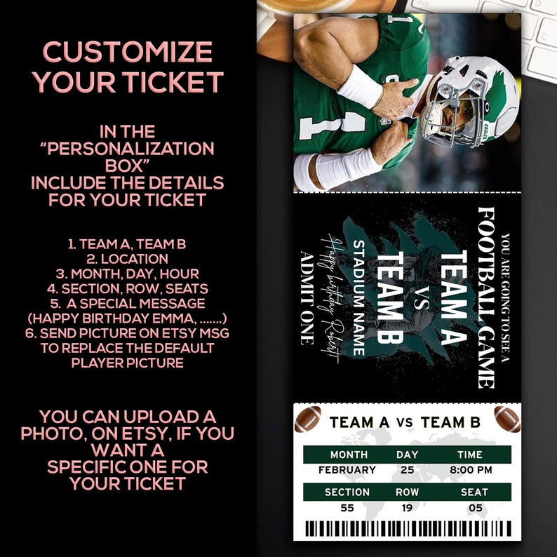 Puede incluir: Una plantilla de boleto de juego de f&uacute;tbol personalizable con un esquema de color negro y verde. La plantilla incluye una foto de un jugador de f&uacute;tbol, el texto "Team A vs Team B" y una secci&oacute;n para el mes, el d&iacute;a, la hora, la secci&oacute;n, la fila y el asiento. El texto "You are going to see a Football Game" tambi&eacute;n est&aacute; incluido.