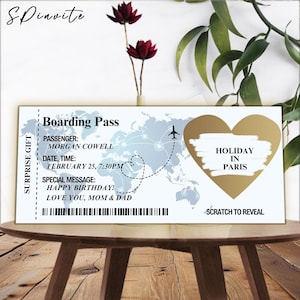 Billet gris carte d'embarquement, carte d'embarquement personnalisée physique, billet d'avion plastifié, voyage surprise carte d'embarquement, billet d'embarquement