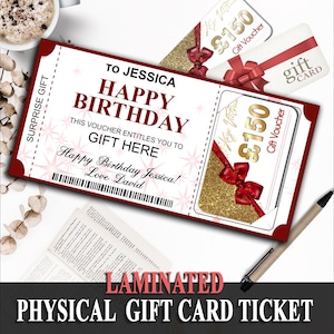 Bon d'achat personnalisé cadeau surprise révélant un porte-carte personnalisé pour un anniversaire ou une occasion spéciale, idée cadeau unique