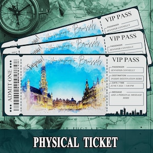 Billet personnalisé physique avec carte d'embarquement pour Bruxelles, Belgique, billet d'avion plastifié, voyage surprise avec carte d'embarquement, billet d'embarquement pour Bruxelles
