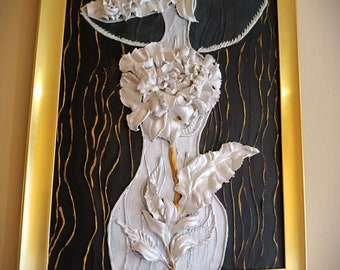 Pintura volumétrica única "Mujer con sombrero", escultura floral, enmarcada, 40x30cm, pintura escultórica, pintura 3d, arte de pared 3d, pinturas 3d