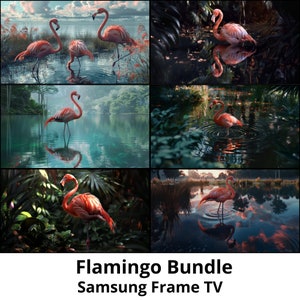 Peut inclure: Un ensemble de six images représentant des flamants roses dans différentes poses, sur fond de verdure luxuriante et d'eau paisible. Les images sont parfaites pour une collection d'art sur le thème de la nature ou pour ajouter une touche d'élégance tropicale à votre décoration intérieure.
