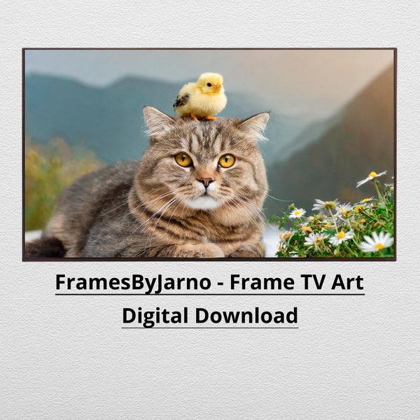 Samsung Frame TV Art, Cat with Chick on its head, Kitten with Chicken, Tabby Cat, Cute Feline Furball, Mouser cute chick, Digital Download