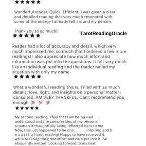 May include: Image of customer reviews for TarotReadingOracle. The reviews are positive, with phrases like "Wonderful reader," "accurate and detailed," and "inspiring." The reviews are accompanied by a five-star rating.