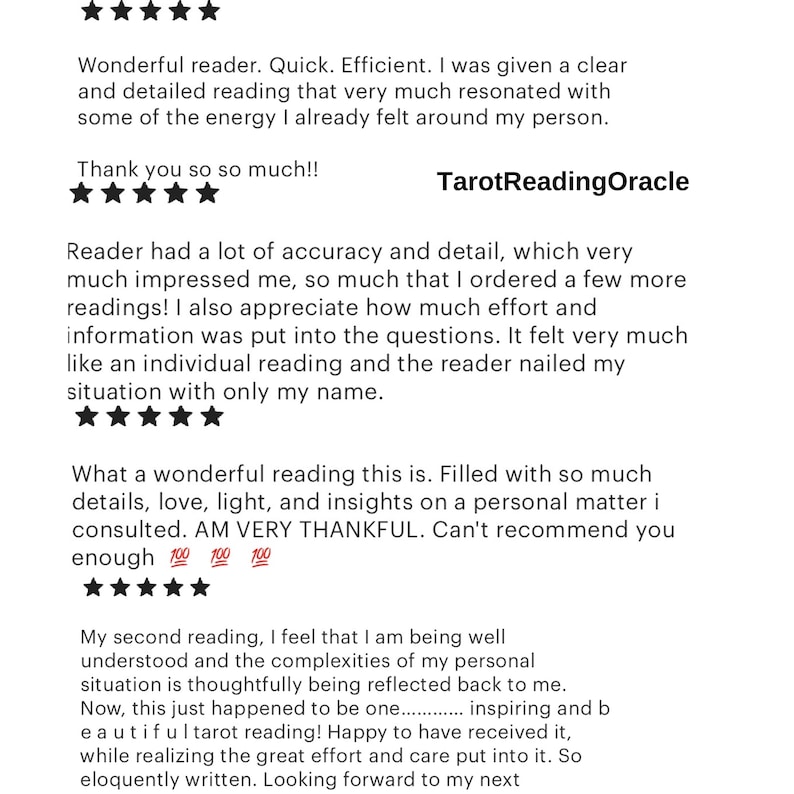 May include: Image of customer reviews for TarotReadingOracle. The reviews are positive, with phrases like "Wonderful reader," "accurate and detailed," and "inspiring." The reviews are accompanied by a five-star rating.