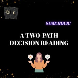 Może przedstawiać: Czarne tło ze złotymi gwiazdami i dwiema kartami tarota. Tekst brzmi "A TWO-PATH DECISION READING" i "SAME HOUR!". Postać z kreskówki trzyma dymki z X i znakiem wyboru.