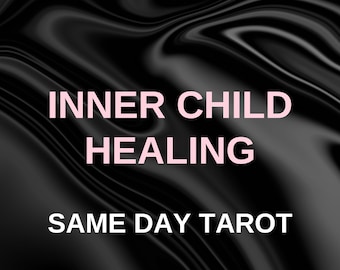 Puede incluir: Gráfico en blanco y negro con texto rosa que dice "INNER CHILD HEALING" y "SAME DAY TAROT" sobre un fondo negro con un diseño ondulado abstracto.