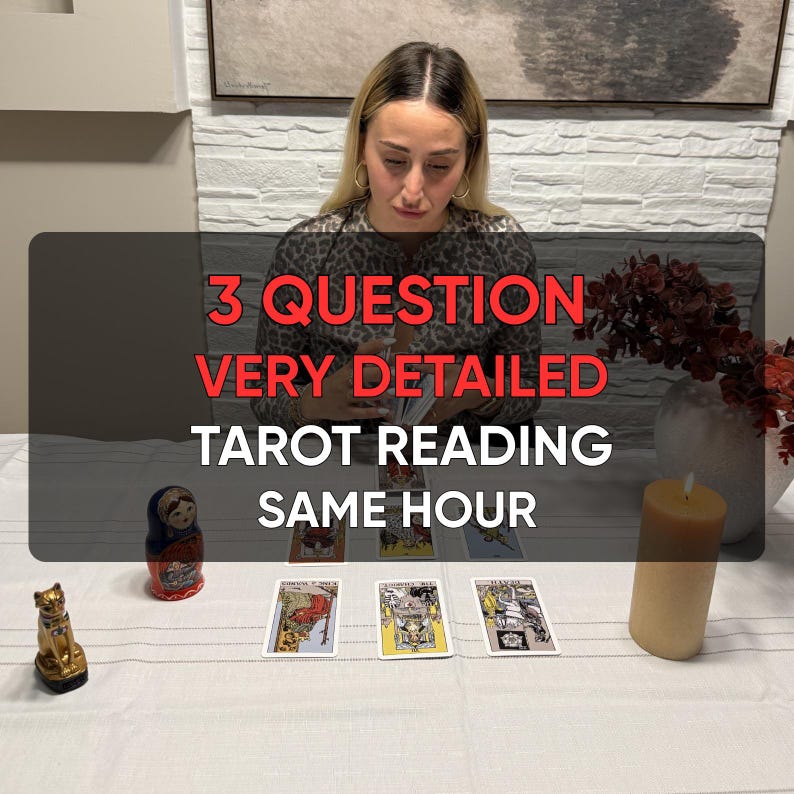 May include: A tarot reading setup featuring a spread of cards on a white tablecloth, accompanied by a small gold cat figurine, a nesting doll, and a beige pillar candle. The text 3 QUESTION VERY DETAILED TAROT READING SAME HOUR is overlaid.
