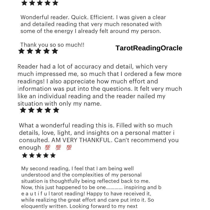 May include: Five-star reviews for a tarot reading service. The reviews highlight the reader's accuracy, detail, and ability to resonate with the client's energy. The service is called TarotReadingOracle.