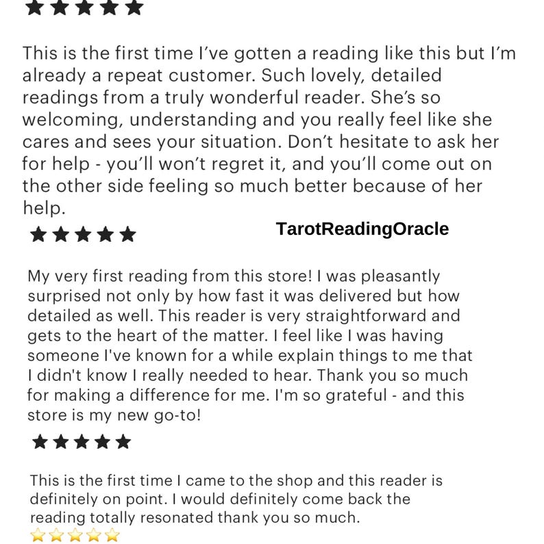 May include: Image of customer reviews for TarotReadingOracle. The reviews praise the reader's welcoming and understanding nature, and the detailed readings. The reviews also mention the speed of delivery and the reader's straightforward approach.