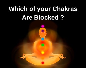 Puede incluir: Una ilustración de una persona sentada en posición de loto con siete chakras representados por círculos de colores a lo largo de la columna vertebral. Los chakras están etiquetados con sus colores correspondientes: rojo, naranja, amarillo, verde, azul, índigo y violeta. El texto "Which of your Chakras Are Blocked?" se muestra en la parte superior de la imagen.