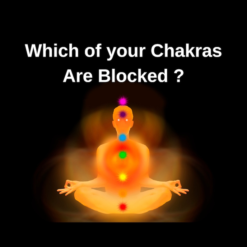May include: An illustration of a person sitting in a lotus position with seven chakras represented by coloured circles along the spine. The chakras are labelled with their corresponding colours: red, orange, yellow, green, blue, indigo, and violet. The text "Which of your Chakras Are Blocked?" is displayed at the top of the image.