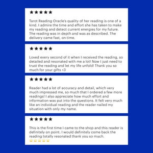 May include: A collection of four customer reviews for a tarot reading service, each accompanied by a five-star rating. The text includes positive feedback regarding the accuracy, detail, and effort provided in the readings, with comments about the reader's ability to resonate with the client's situation.