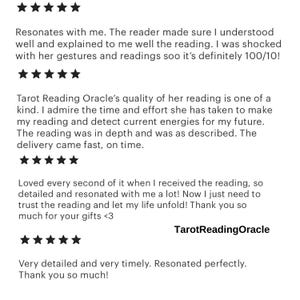 May include: Image featuring customer reviews with five-star ratings. Text includes positive feedback about a tarot reading service, mentioning detail, timeliness, and resonance. The service name, TarotReadingOracle, is also visible.