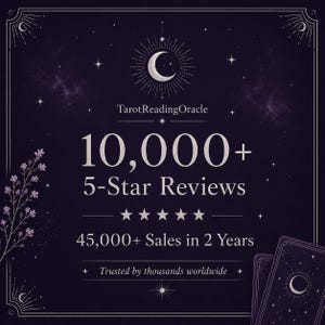 May include: A dark purple graphic featuring a crescent moon and stars with the text TarotReadingOracle, 10,000+ 5-Star Reviews, 45,000+ Sales in 2 Years, and Trusted by thousands worldwide, alongside two tarot cards with moon illustrations.