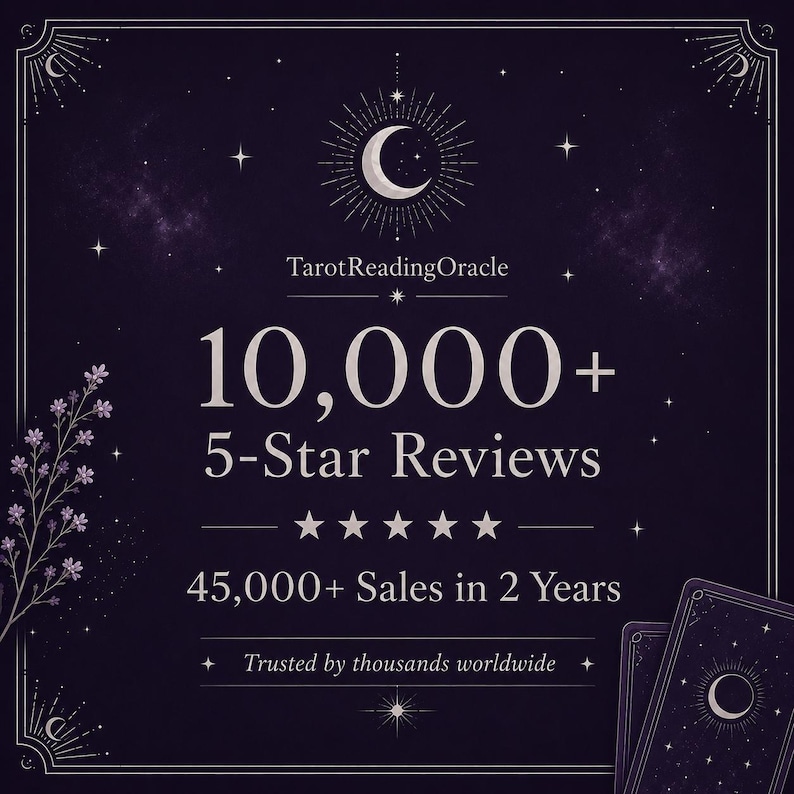 May include: A dark purple graphic featuring a crescent moon and stars with the text TarotReadingOracle, 10,000+ 5-Star Reviews, 45,000+ Sales in 2 Years, and Trusted by thousands worldwide, alongside two tarot cards with moon illustrations.