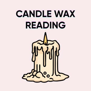 May include: An illustration of a lit candle with melted wax, set against a light pink background. The text "CANDLE WAX READING" is displayed in black above the candle. The candle has a yellow flame.