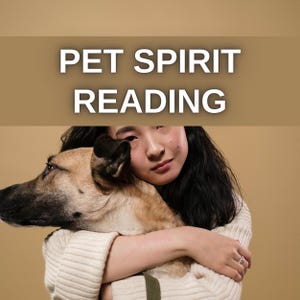 May include: A woman with long dark hair is hugging a brown and tan dog. The text "PET SPIRIT READING" is displayed in a brown rectangle at the top of the image.