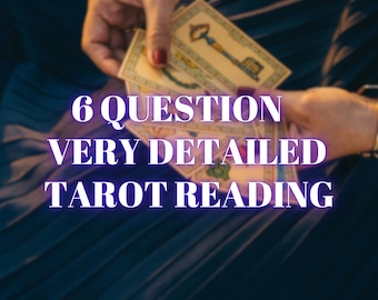 May include: A person holding tarot cards with the text "6 QUESTION VERY DETAILED TAROT READING" in white. The cards have illustrations and are held against a dark blue background.