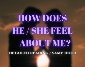 Puede incluir: Siluetas de dos personas sobre un fondo de puesta de sol con el texto "HOW DOES HE/SHE FEEL ABOUT ME?" y "DETAILED READING / SAME HOUR" debajo.