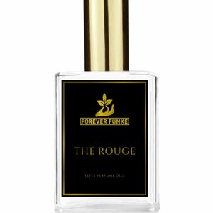 Puede incluir: Botella de perfume de vidrio transparente con tap&oacute;n dorado. La etiqueta negra presenta el texto dorado "FOREVER FUNKE" sobre "THE ROUGE" y "ELITE PERFUME OILS". La botella tiene forma rectangular.