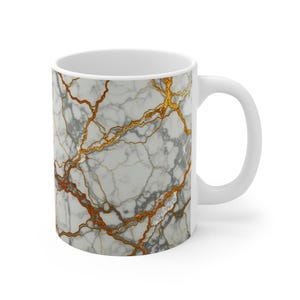Elegant Marble Coffee Mug: Gold & Gray Ceramic, 11oz